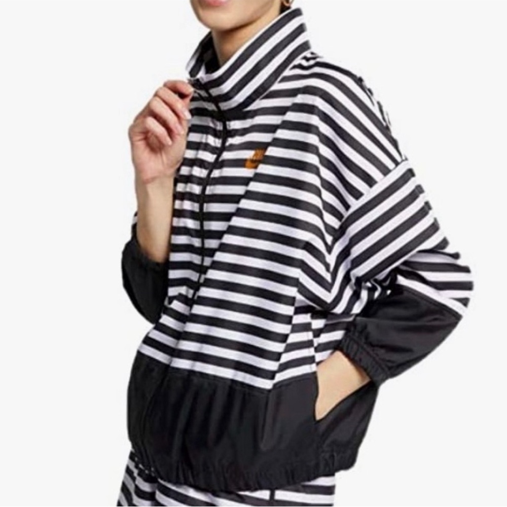 Nike Black & White Striped Full-Zip Track Jacket with Gold Swoosh - Size Medium